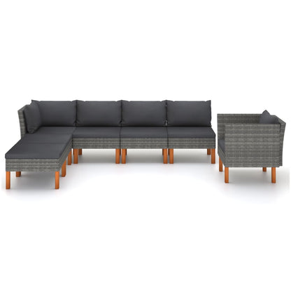 7-Delige Loungeset Poly Rattan En Eucalyptushout Grijs hoek + 3x midden + armstoel + voetenbank