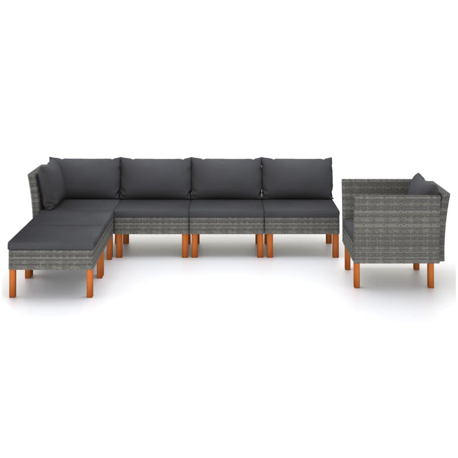 7-Delige Loungeset Poly Rattan En Eucalyptushout Grijs hoek + 3x midden + armstoel + voetenbank