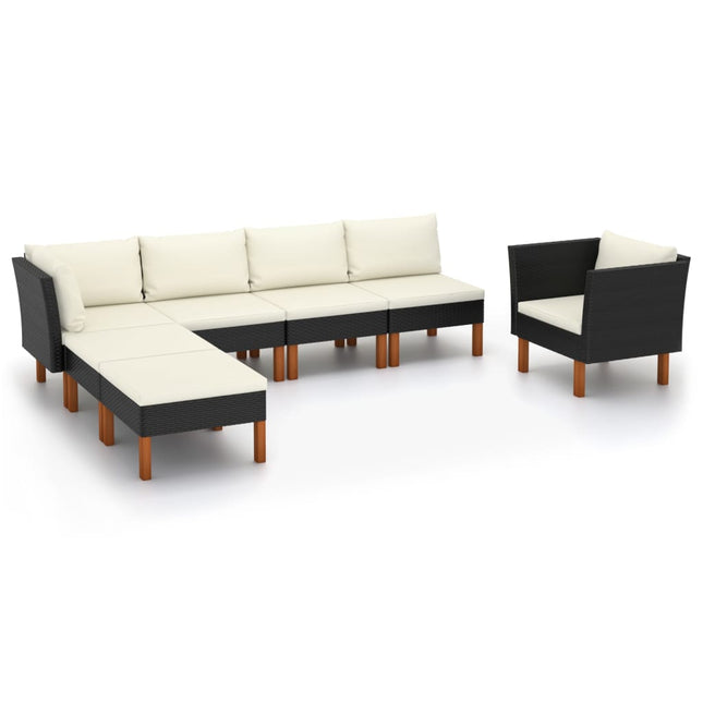 7-Delige Loungeset Poly Rattan En Eucalyptushout Zwart hoek + 3x midden + armstoel + voetenbank