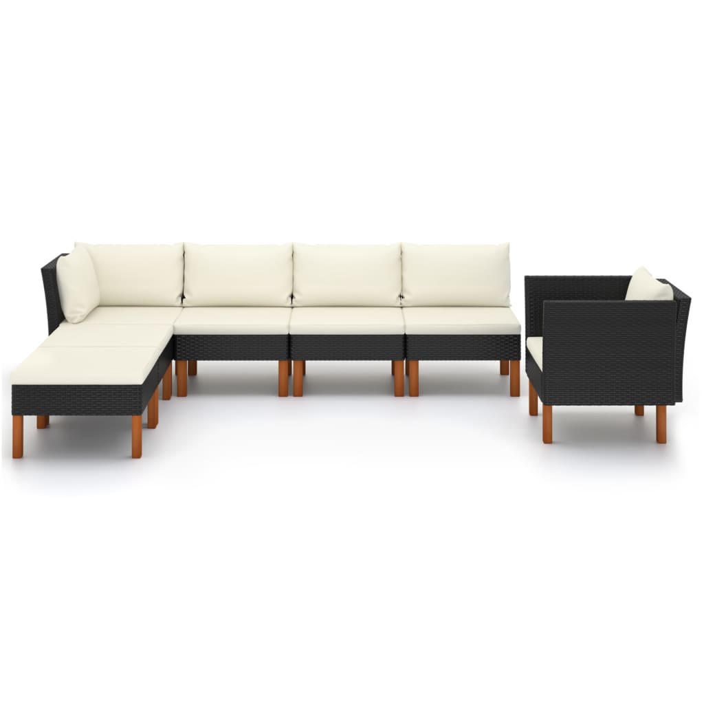 7-Delige Loungeset Poly Rattan En Eucalyptushout Zwart hoek + 3x midden + armstoel + voetenbank