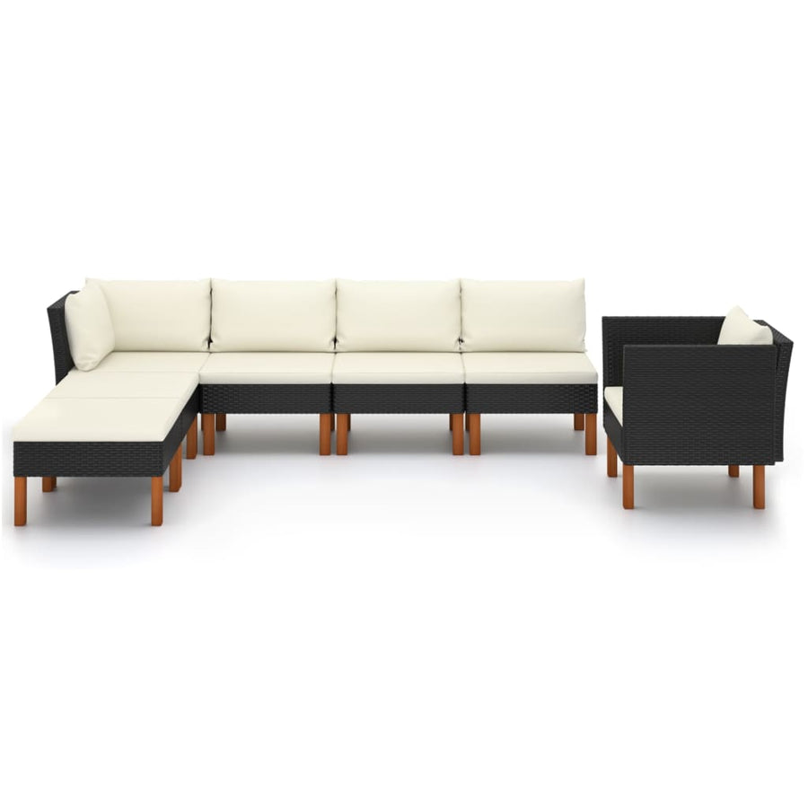 7-Delige Loungeset Poly Rattan En Eucalyptushout Zwart hoek + 3x midden + armstoel + voetenbank