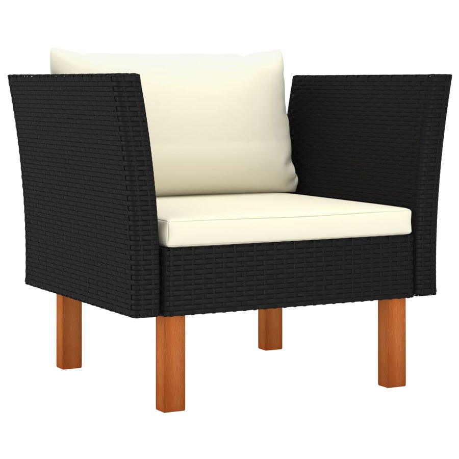 7-Delige Loungeset Poly Rattan En Eucalyptushout Zwart hoek + 3x midden + armstoel + voetenbank