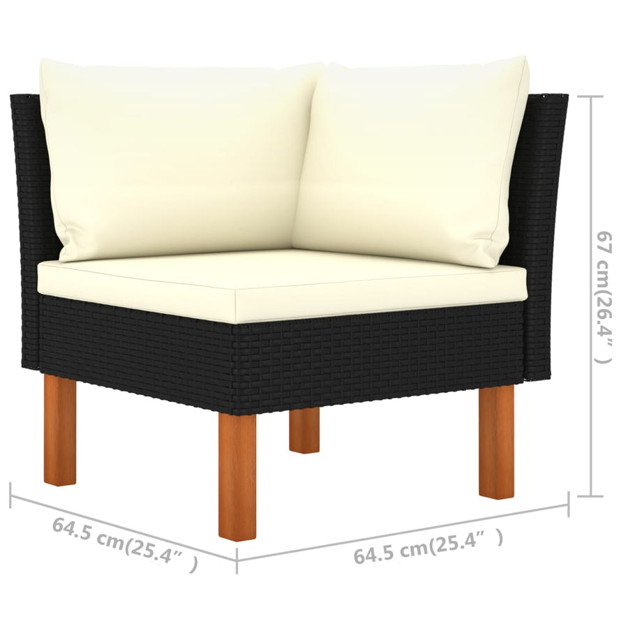 7-Delige Loungeset Poly Rattan En Eucalyptushout Zwart hoek + 3x midden + armstoel + voetenbank