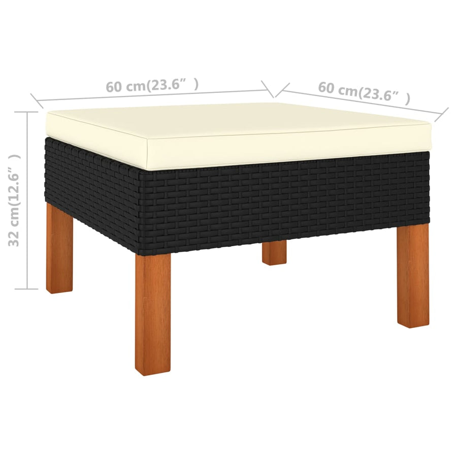 7-Delige Loungeset Poly Rattan En Eucalyptushout Zwart hoek + 3x midden + armstoel + voetenbank
