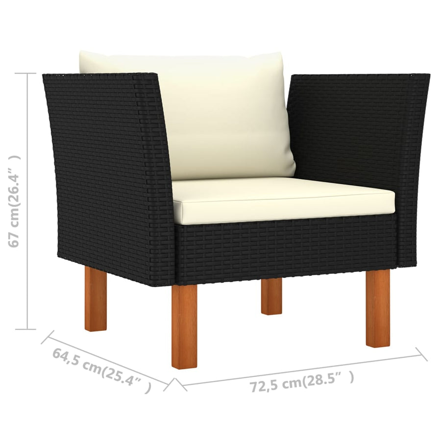 7-Delige Loungeset Poly Rattan En Eucalyptushout Zwart hoek + 3x midden + armstoel + voetenbank
