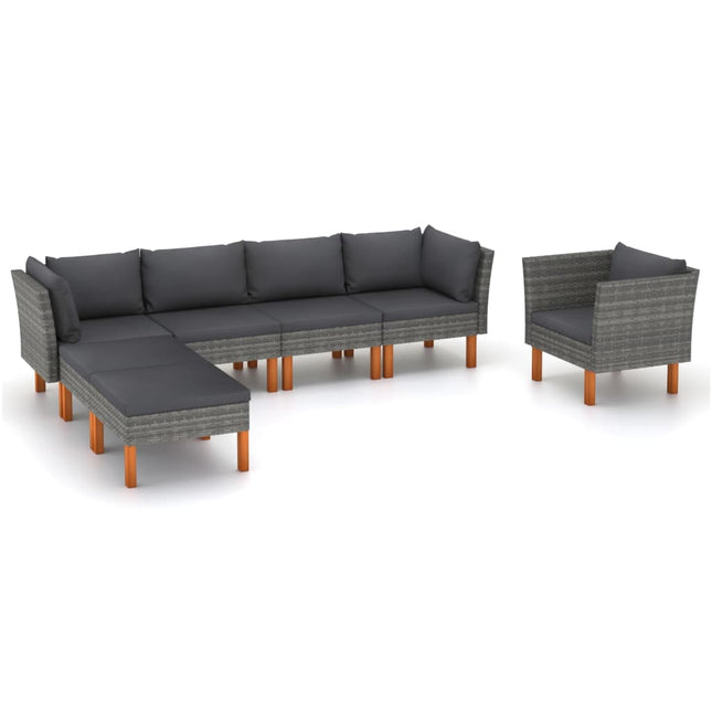 7-Delige Loungeset Poly Rattan En Eucalyptushout Grijs 2x hoek + 2x midden + armstoel + voetenbank