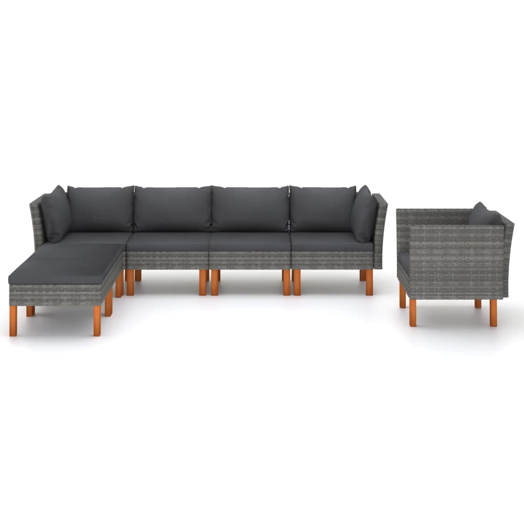 7-Delige Loungeset Poly Rattan En Eucalyptushout Grijs 2x hoek + 2x midden + armstoel + voetenbank