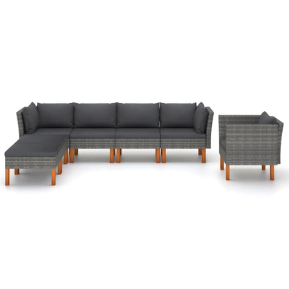 7-Delige Loungeset Poly Rattan En Eucalyptushout Grijs 2x hoek + 2x midden + armstoel + voetenbank