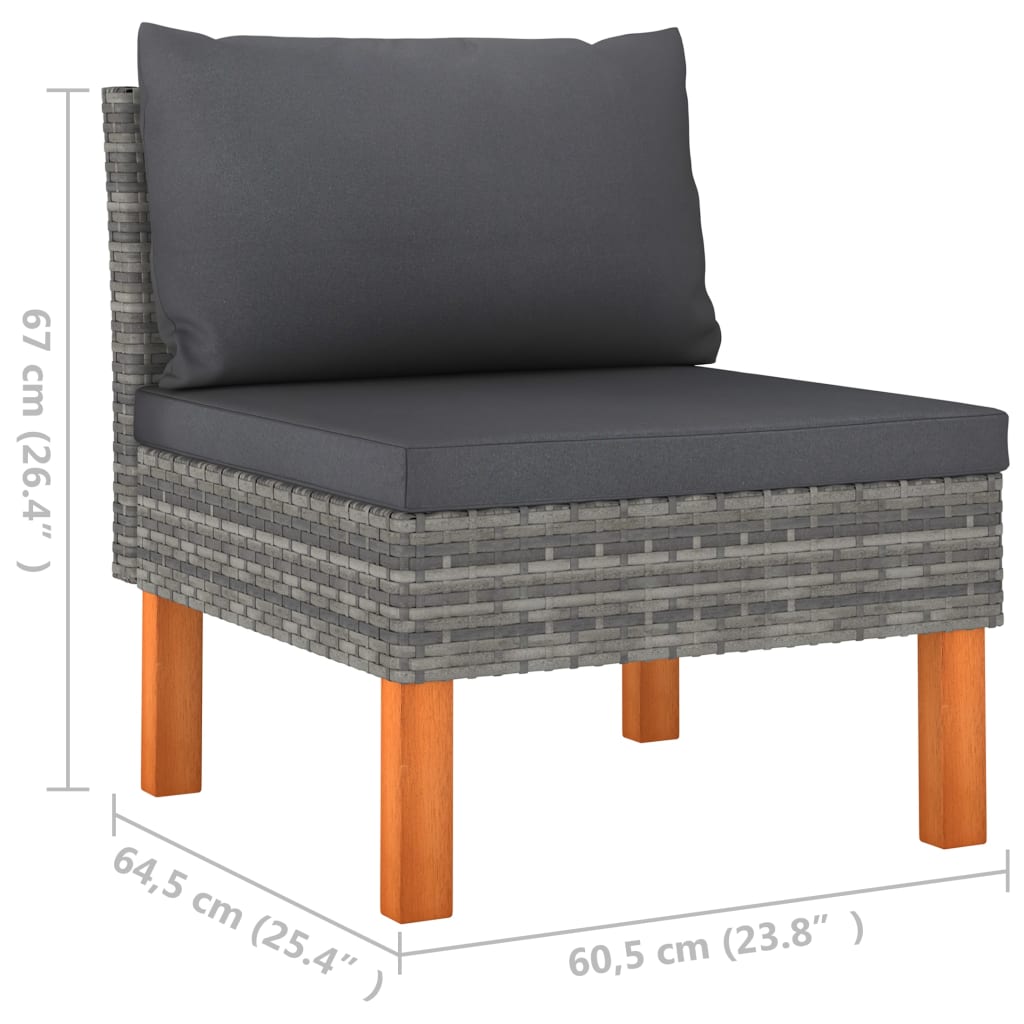 7-Delige Loungeset Poly Rattan En Eucalyptushout Grijs 2x hoek + 2x midden + armstoel + voetenbank