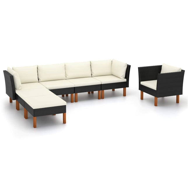 7-Delige Loungeset Poly Rattan En Eucalyptushout Zwart 2x hoek + 2x midden + armstoel + voetenbank