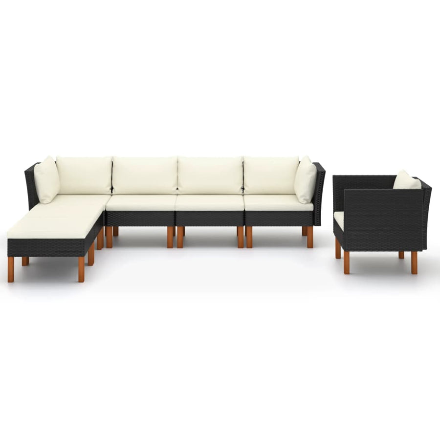 7-Delige Loungeset Poly Rattan En Eucalyptushout Zwart 2x hoek + 2x midden + armstoel + voetenbank