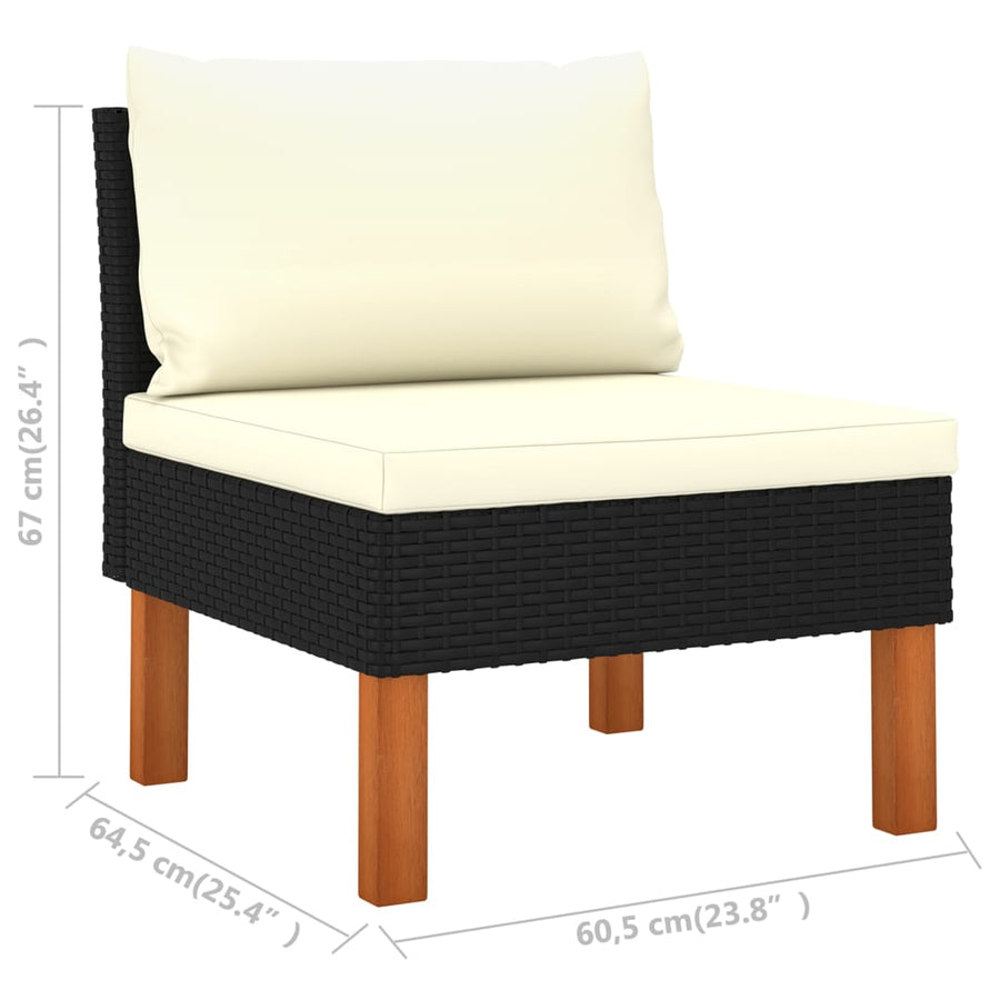 7-Delige Loungeset Poly Rattan En Eucalyptushout Zwart 2x hoek + 2x midden + armstoel + voetenbank