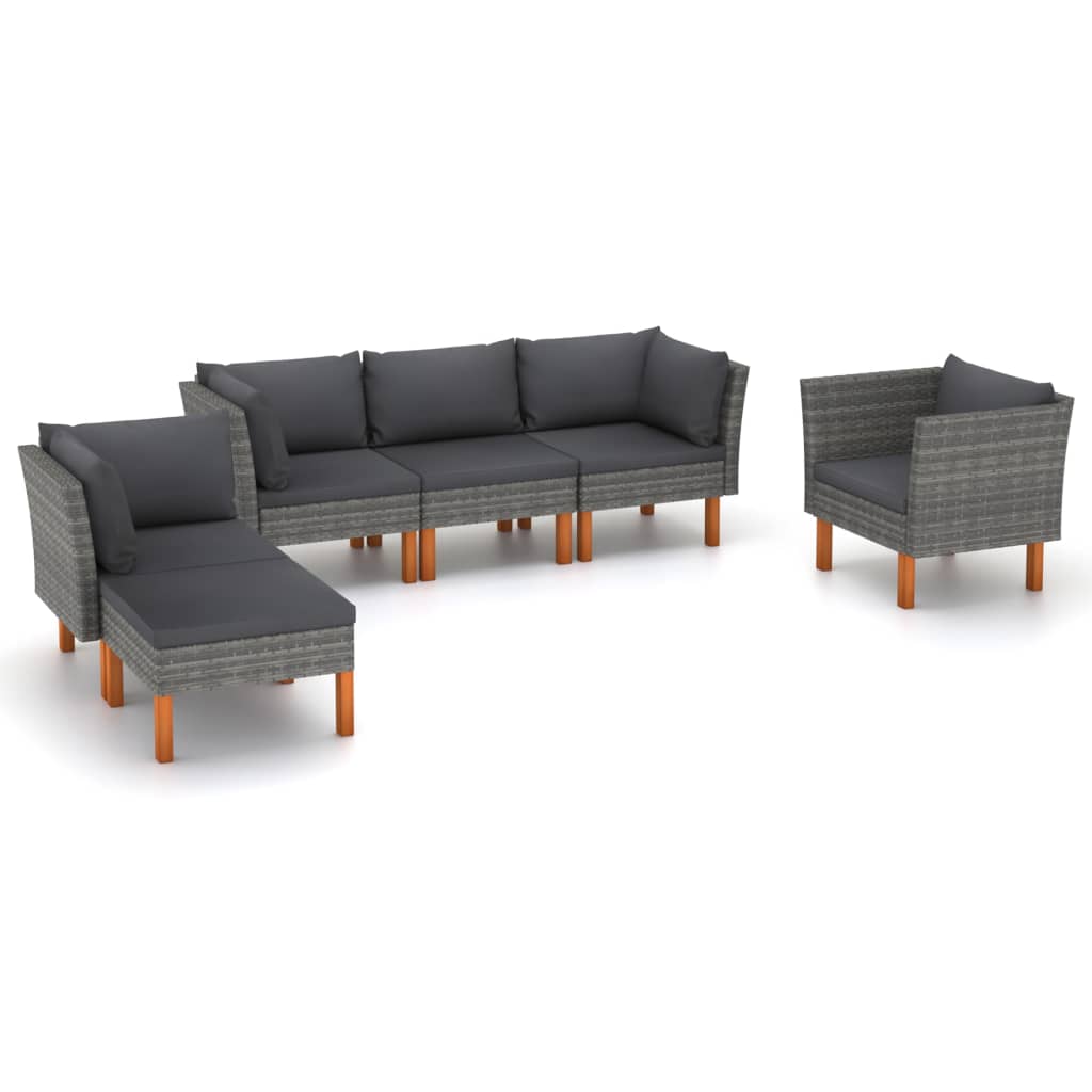6-Delige Loungeset Poly Rattan En Eucalyptushout Grijs 3x hoek + midden + armstoel + voetenbank