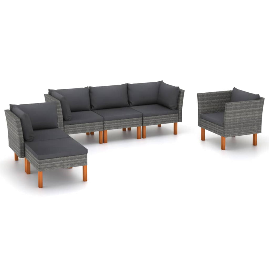 6-Delige Loungeset Poly Rattan En Eucalyptushout Grijs 3x hoek + midden + armstoel + voetenbank