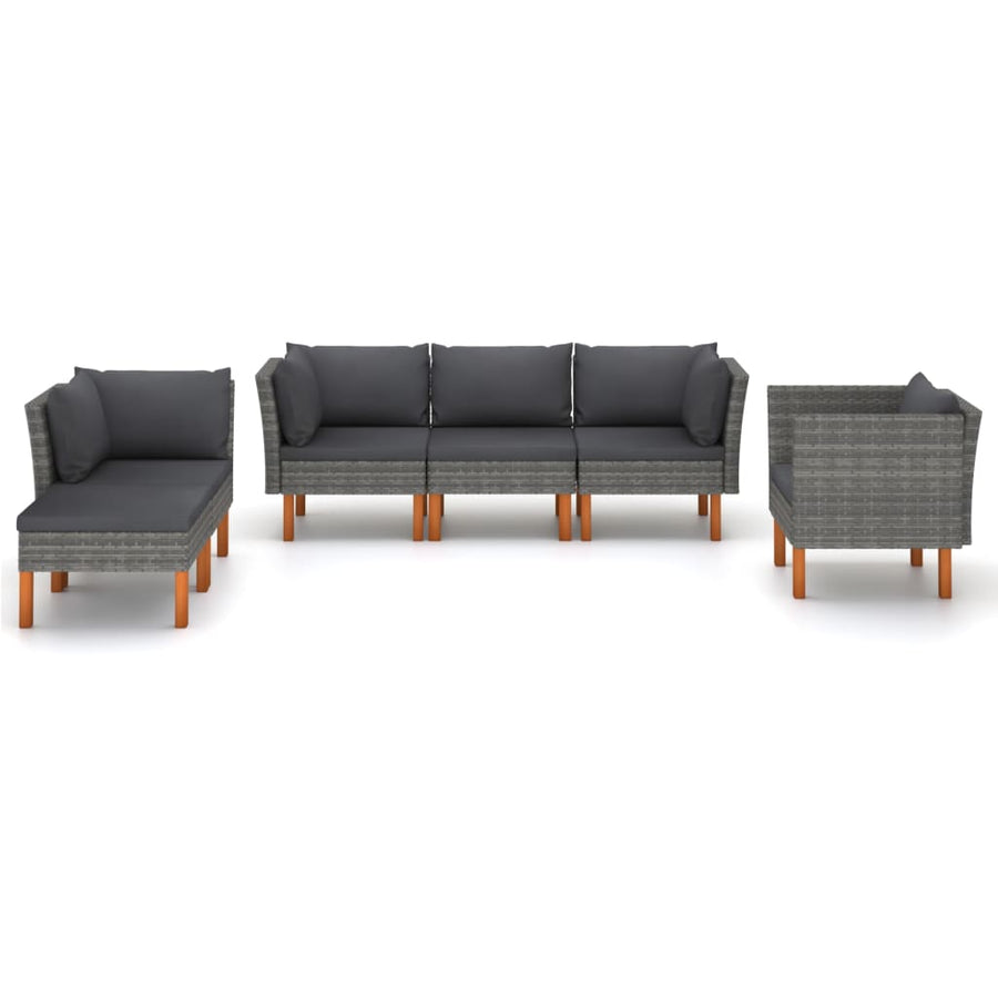 6-Delige Loungeset Poly Rattan En Eucalyptushout Grijs 3x hoek + midden + armstoel + voetenbank