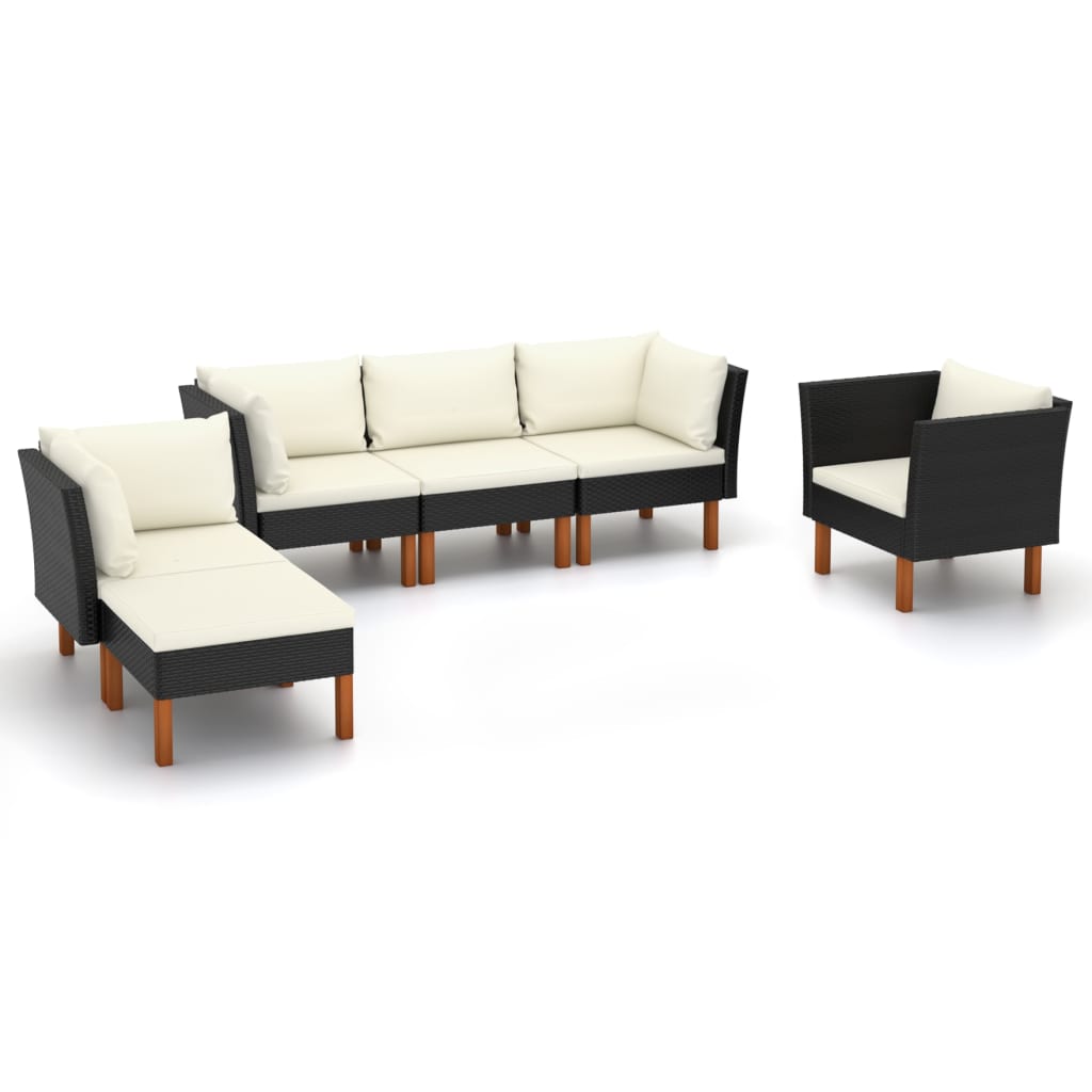 6-Delige Loungeset Poly Rattan En Eucalyptushout Zwart 3x hoek + midden + armstoel + voetenbank