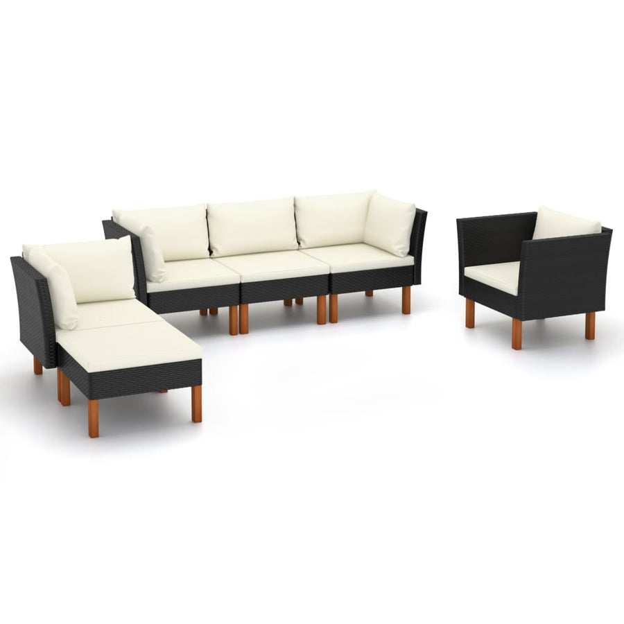 6-Delige Loungeset Poly Rattan En Eucalyptushout Zwart 3x hoek + midden + armstoel + voetenbank