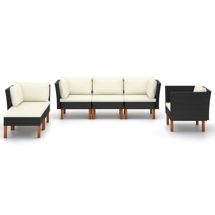 6-Delige Loungeset Poly Rattan En Eucalyptushout Zwart 3x hoek + midden + armstoel + voetenbank