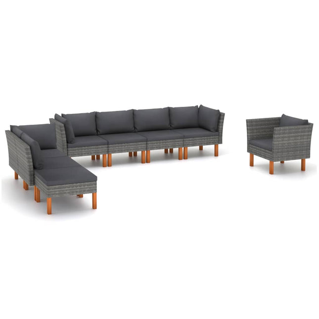 8-Delige Loungeset Poly Rattan En Eucalyptushout Grijs 3x hoek + 3x midden + armstoel + voetenbank