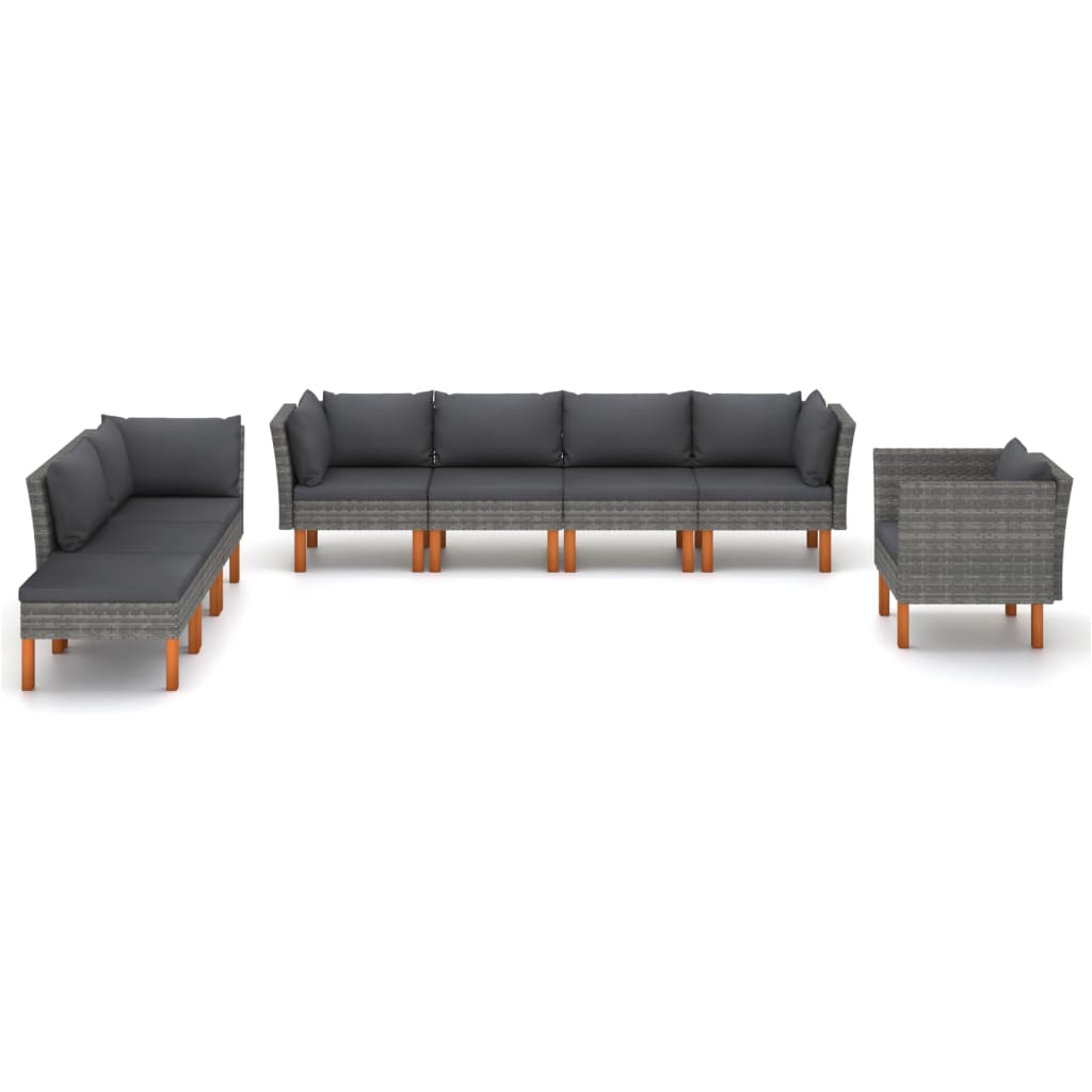 8-Delige Loungeset Poly Rattan En Eucalyptushout Grijs 3x hoek + 3x midden + armstoel + voetenbank