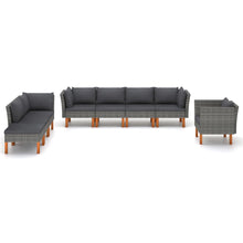 8-Delige Loungeset Poly Rattan En Eucalyptushout Grijs 3x hoek + 3x midden + armstoel + voetenbank