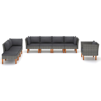 8-Delige Loungeset Poly Rattan En Eucalyptushout Grijs 3x hoek + 3x midden + armstoel + voetenbank