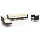 8-Delige Loungeset Poly Rattan En Eucalyptushout Zwart 3x hoek + 3x midden + armstoel + voetenbank