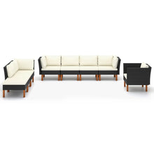 8-Delige Loungeset Poly Rattan En Eucalyptushout Zwart 3x hoek + 3x midden + armstoel + voetenbank
