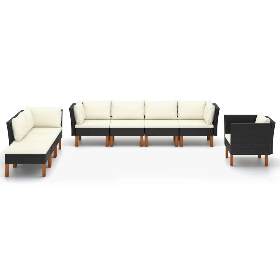 8-Delige Loungeset Poly Rattan En Eucalyptushout Zwart 3x hoek + 3x midden + armstoel + voetenbank