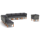 9-Delige Loungeset Poly Rattan En Eucalyptushout Grijs 3x hoek + 4x midden + armstoel + voetenbank