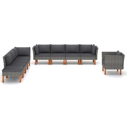 9-Delige Loungeset Poly Rattan En Eucalyptushout Grijs 3x hoek + 4x midden + armstoel + voetenbank