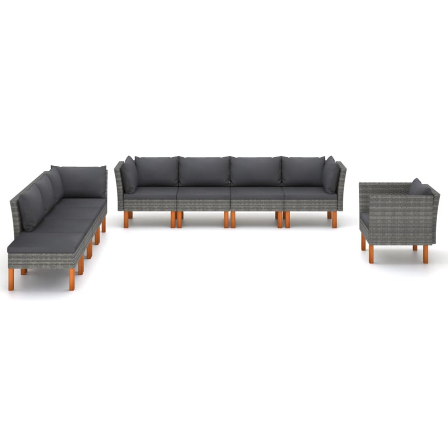 9-Delige Loungeset Poly Rattan En Eucalyptushout Grijs 3x hoek + 4x midden + armstoel + voetenbank