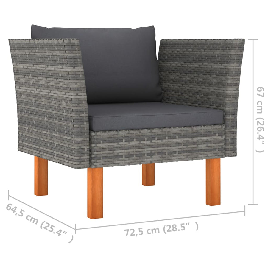 9-Delige Loungeset Poly Rattan En Eucalyptushout Grijs 3x hoek + 4x midden + armstoel + voetenbank
