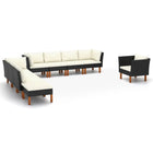 9-Delige Loungeset Poly Rattan En Eucalyptushout Zwart 3x hoek + 4x midden + armstoel + voetenbank