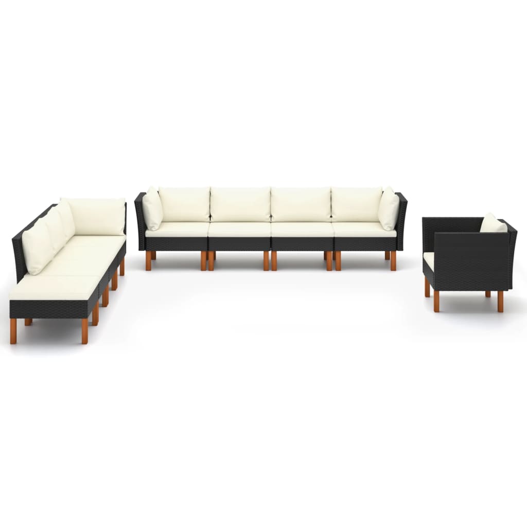 9-Delige Loungeset Poly Rattan En Eucalyptushout Zwart 3x hoek + 4x midden + armstoel + voetenbank