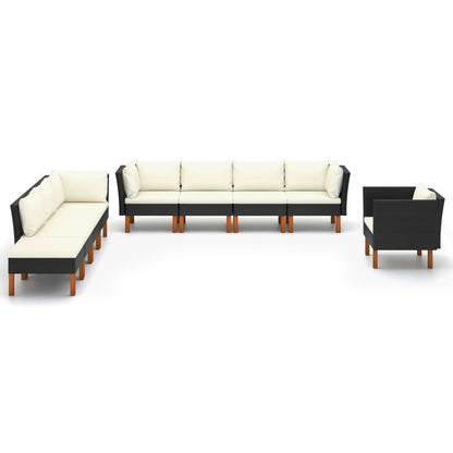 9-Delige Loungeset Poly Rattan En Eucalyptushout Zwart 3x hoek + 4x midden + armstoel + voetenbank