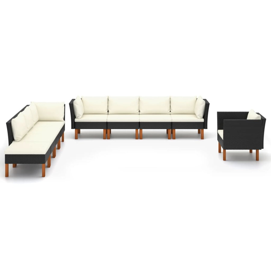 9-Delige Loungeset Poly Rattan En Eucalyptushout Zwart 3x hoek + 4x midden + armstoel + voetenbank