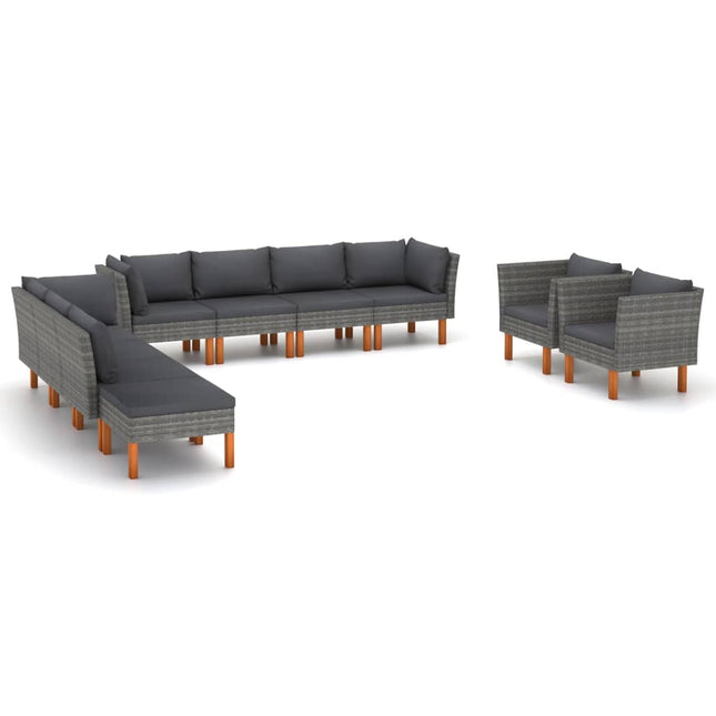 0-Delige Loungeset Poly Rattan En Eucalyptushout Grijs 3x hoek + 4x midden + 2x armstoel + voetenbank