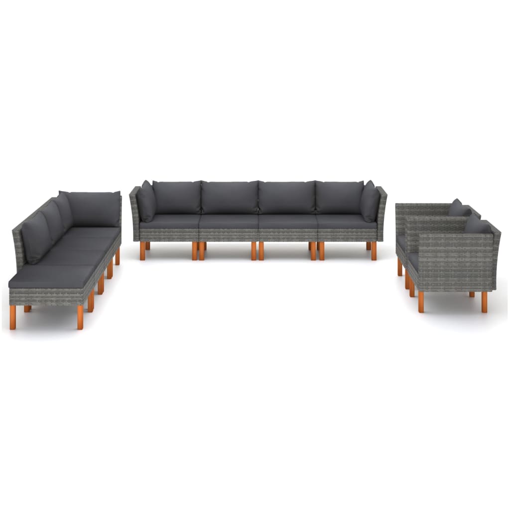 0-Delige Loungeset Poly Rattan En Eucalyptushout Grijs 3x hoek + 4x midden + 2x armstoel + voetenbank
