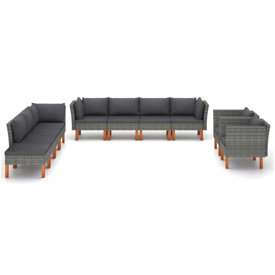 0-Delige Loungeset Poly Rattan En Eucalyptushout Grijs 3x hoek + 4x midden + 2x armstoel + voetenbank