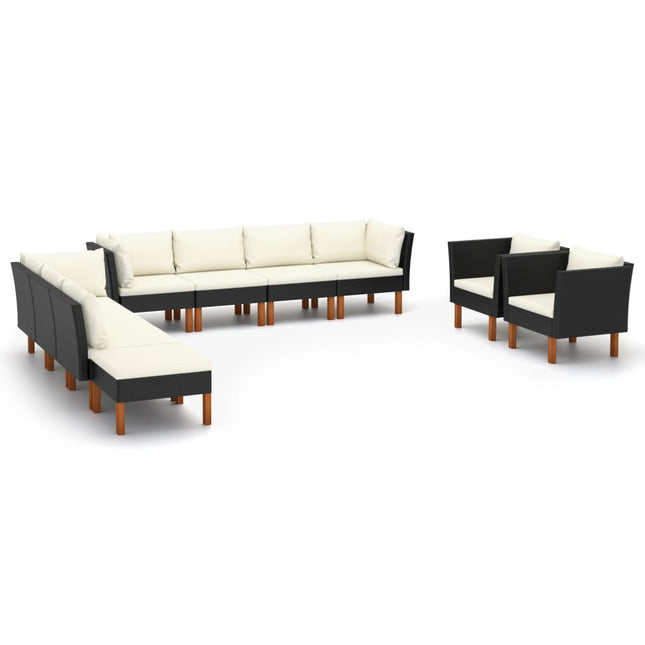 0-Delige Loungeset Poly Rattan En Eucalyptushout Zwart 3x hoek + 4x midden + 2x armstoel + voetenbank