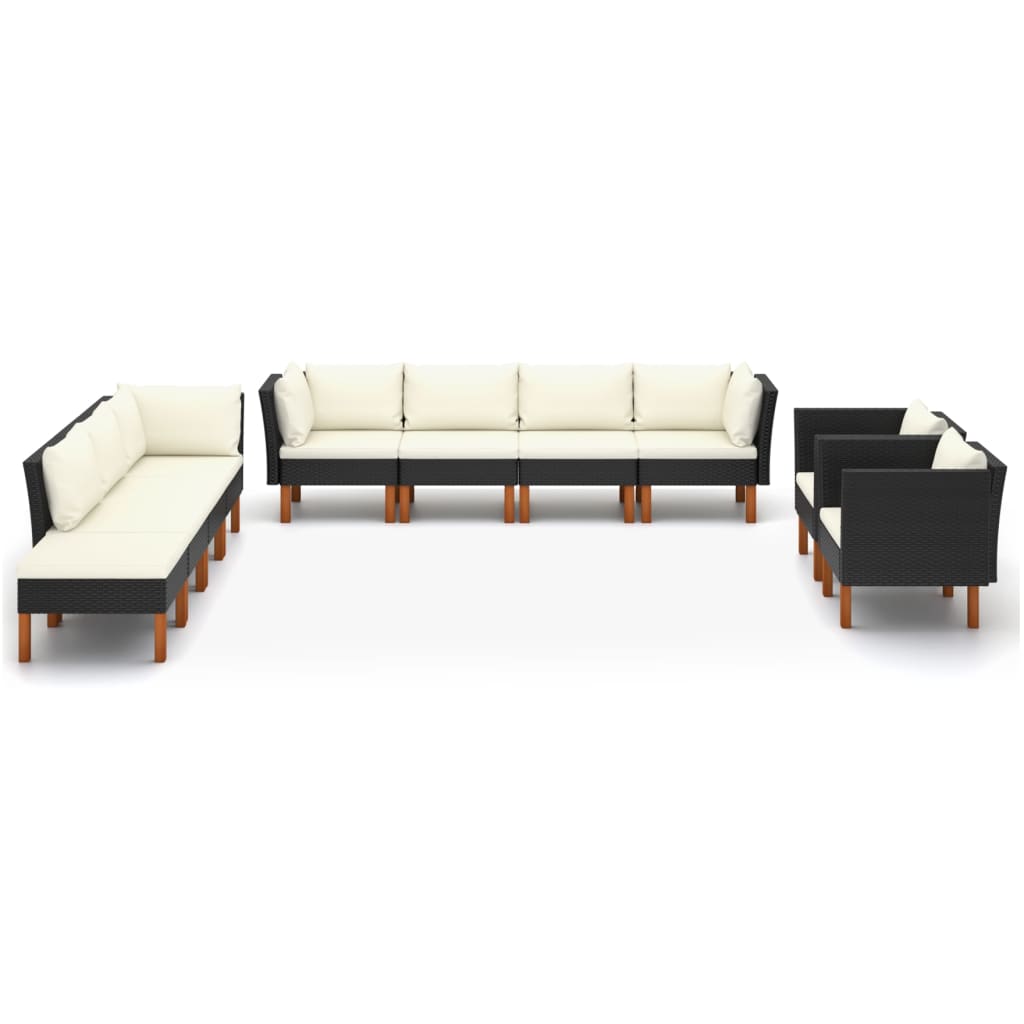0-Delige Loungeset Poly Rattan En Eucalyptushout Zwart 3x hoek + 4x midden + 2x armstoel + voetenbank