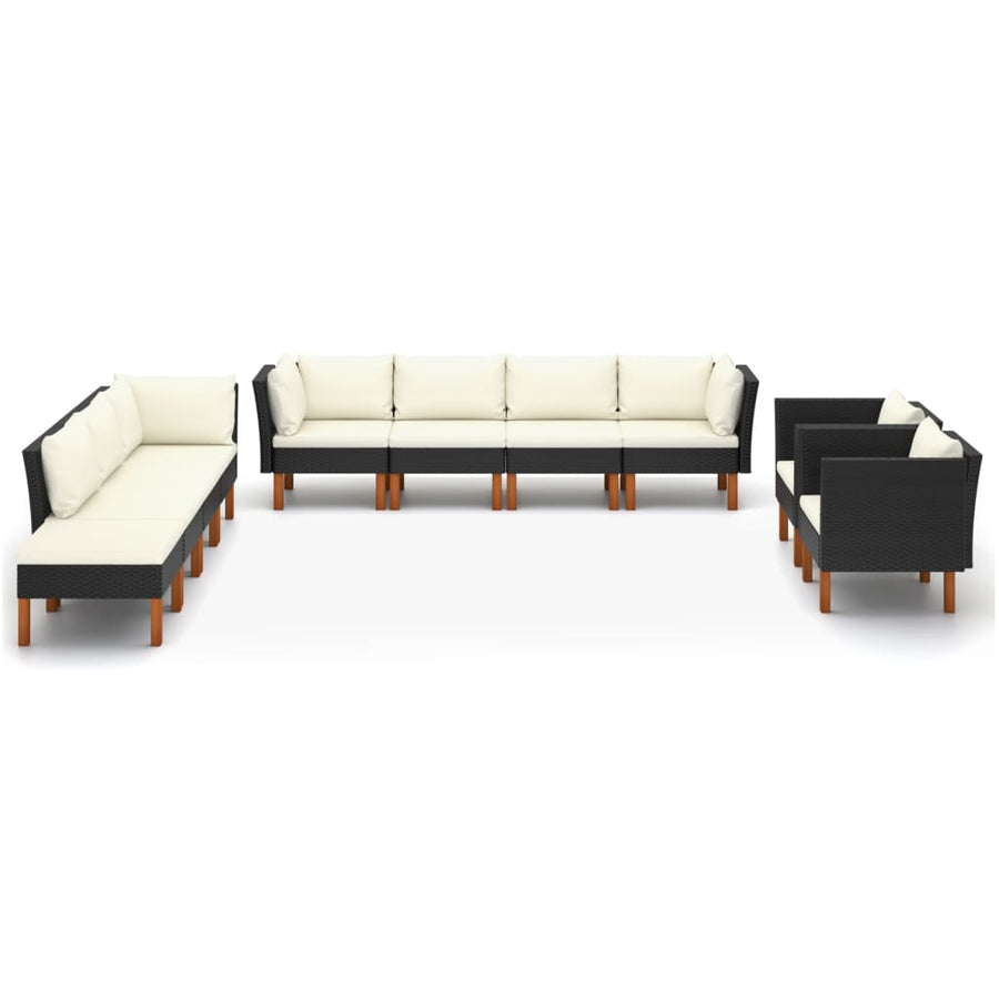 0-Delige Loungeset Poly Rattan En Eucalyptushout Zwart 3x hoek + 4x midden + 2x armstoel + voetenbank