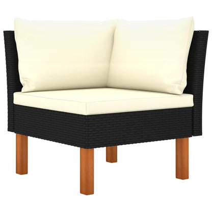 0-Delige Loungeset Poly Rattan En Eucalyptushout Zwart 3x hoek + 4x midden + 2x armstoel + voetenbank