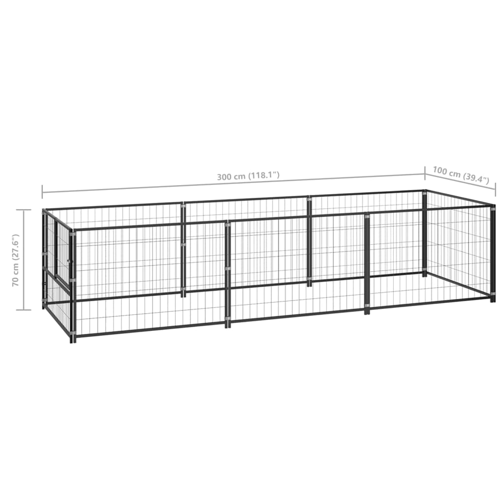 Hondenkennel 3 m² staal zwart 300 x 100 x 70 cm Zwart