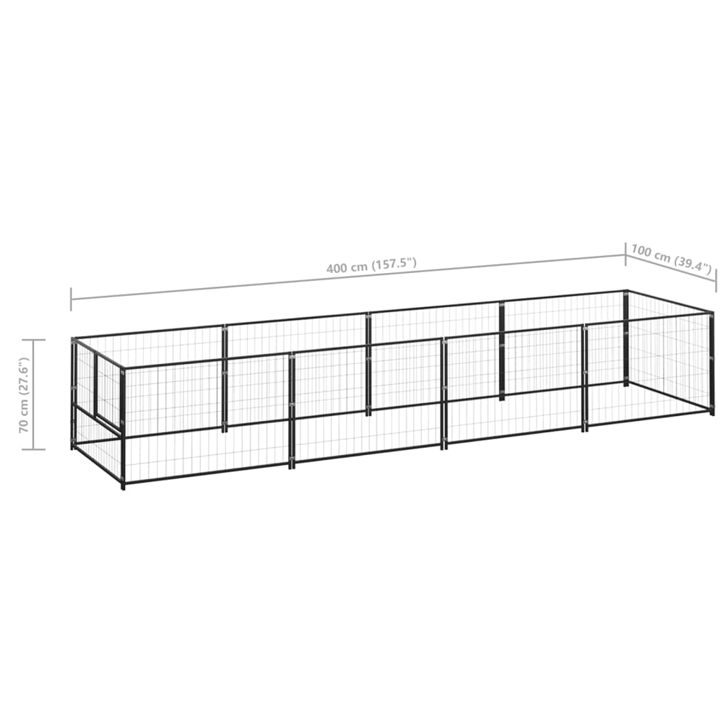 Hondenkennel 4 m² staal zwart 400 x 100 x 70 cm Zwart