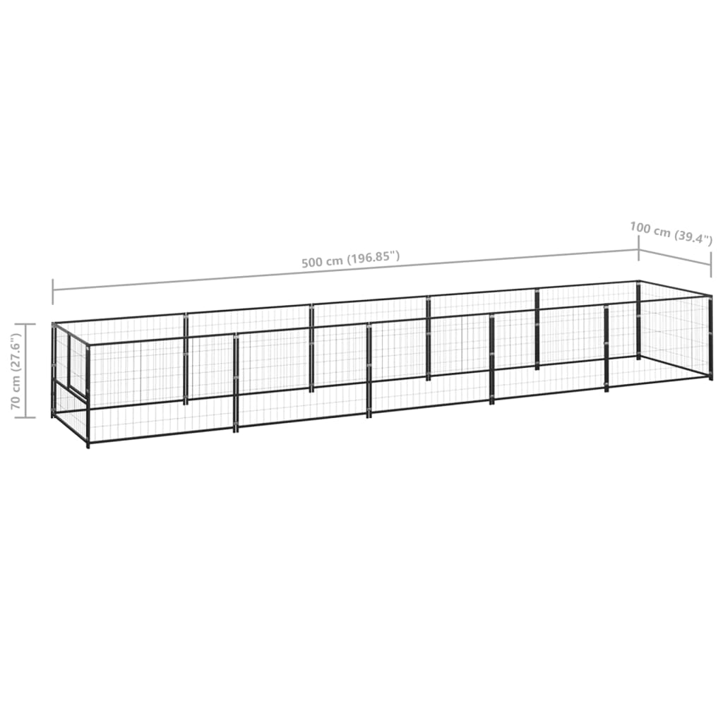 Hondenkennel 5 m² staal zwart 500 x 100 x 70 cm Zwart