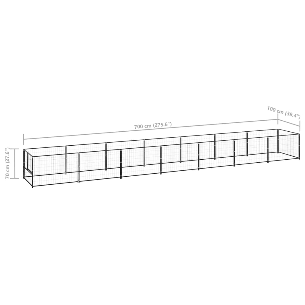 Hondenkennel 7 m² staal zwart 700 x 100 x 70 cm Zwart