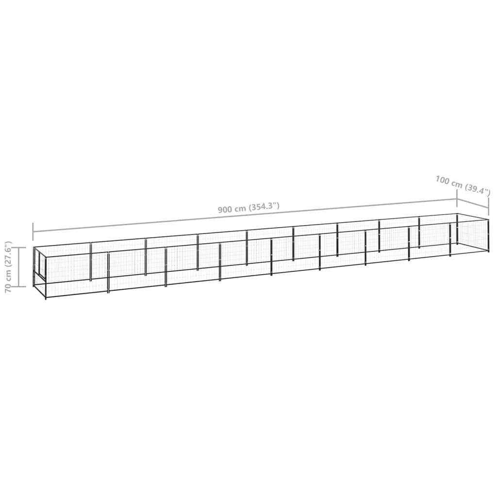 Hondenkennel 9 m² staal zwart 900 x 100 x 70 cm Zwart