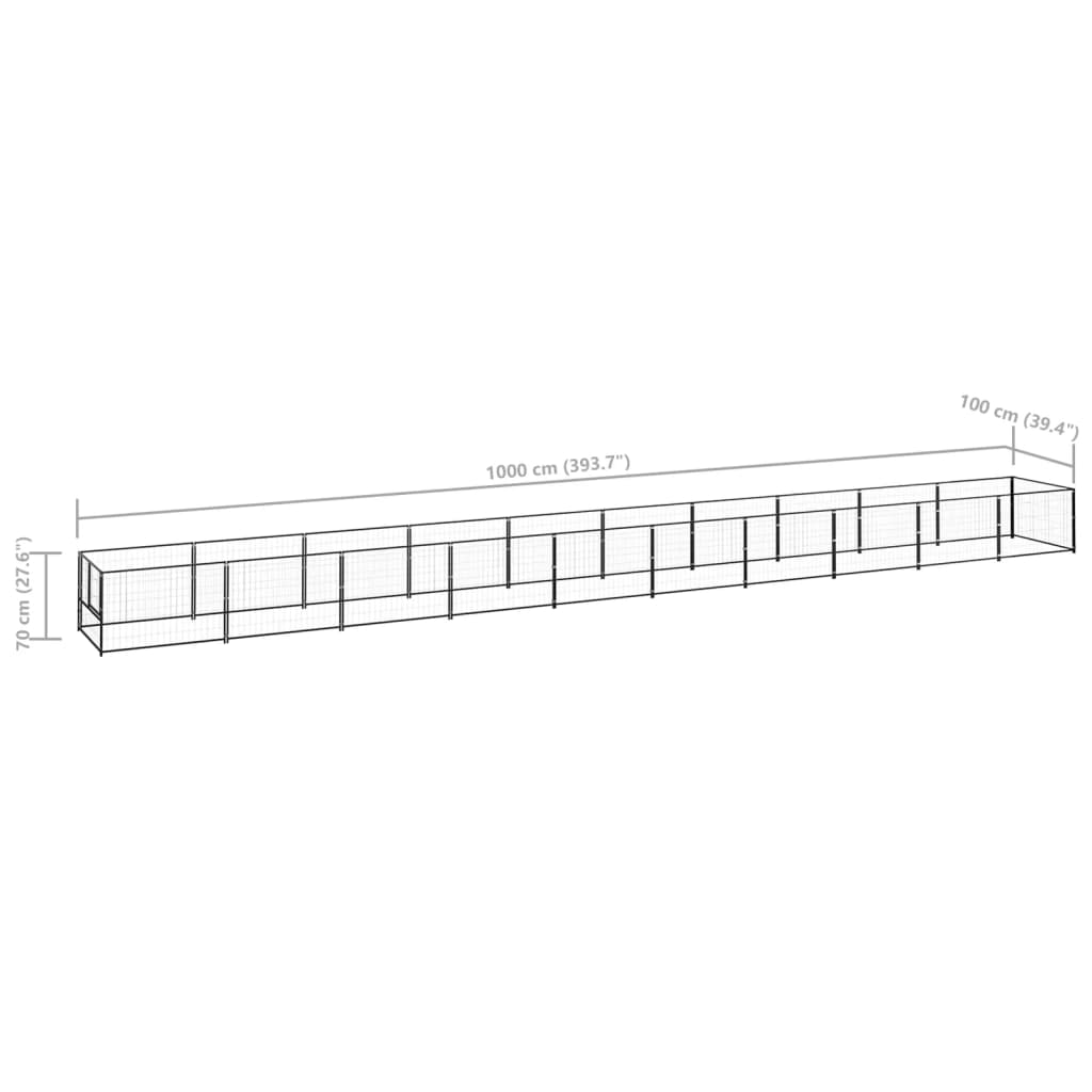 Hondenkennel 10 m² staal zwart 1000 x 100 x 70 cm Zwart